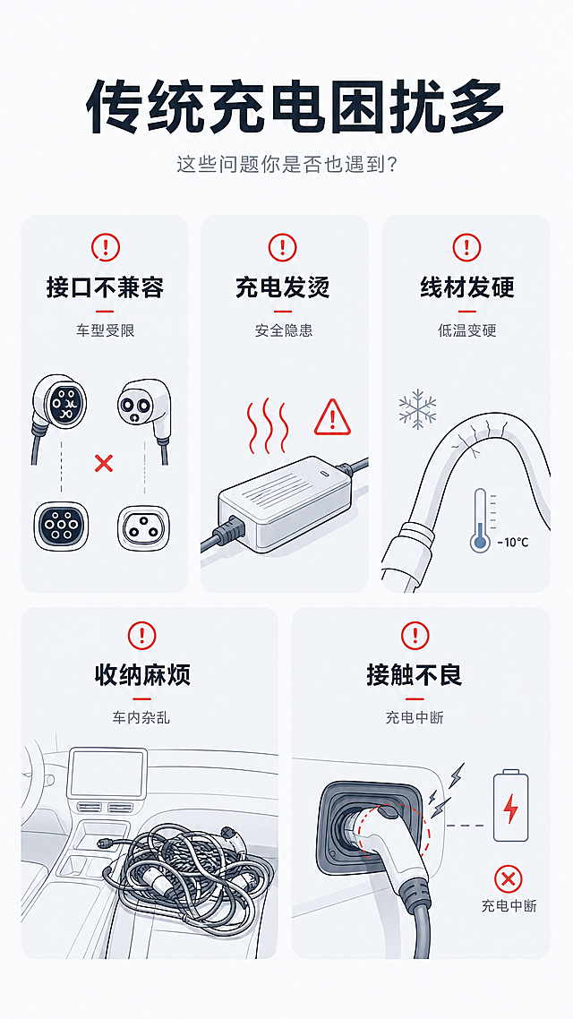 [第2屏] 痛点直击-传统充电常见问题汇总。氛围为简约商务风格，浅色背景清晰展示问题，图文并茂专业可信。布局上标题放在顶部居中，下方分成5个独立卡片区域，每个卡片展示一个痛点问题并配有简约示意小图，卡片横向排列分两行。配色：全局底色#F8FAFC浅灰，主文字#1E293B深灰，卡片底#F1F5F9，标注色#EF4444浅红。文字版式：顶部大标题“传统充电困扰多”深灰色粗体居中，副标题“这些问题你是否也遇到？”浅灰色小字居中，每个痛点卡片内：标题文字加粗，小字补充描述，痛点分别为：1.接口不兼容 车型受限；2.充电发烫 安全隐患；3.线材发硬 低温变硬；4.收纳麻烦 车内杂乱；5.接触不良 充电中断。文字清晰可读，不互相遮挡，每个卡片配简约故障或杂乱场景线稿小图。比例9:16，分辨率4K，文字清晰可辨，超高清。负向提示词：文字错乱，背景杂乱，低俗擦边，极限词，虚假宣传。