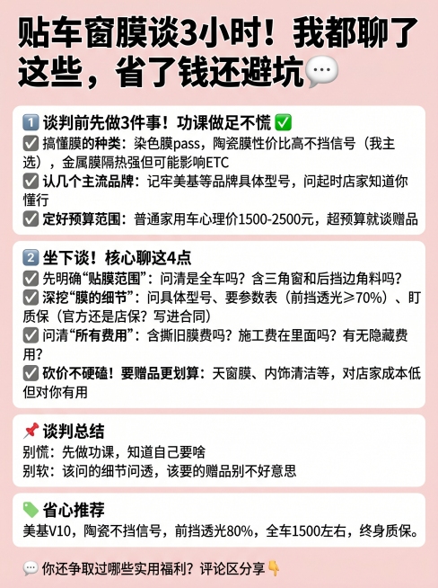 浅粉色背景3:4比例的简单图文，上方标题文字是"贴车窗膜谈3小时！我都聊了这些，省了钱还避坑💬"，下方排列谈判准备、核心聊天要点、总结和推荐，完整文案：1️⃣ 谈判前先做3件事！功课做足不慌 ✅ 搞预览效果
