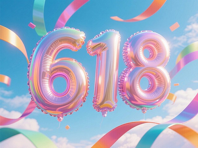 “618”的充气大字，促销感，在天空上，彩带