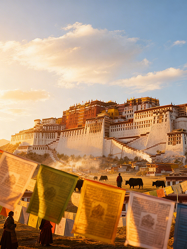 在画面中增加藏族牧民和牦牛群，远处增加炊烟袅袅的藏式村落，增强生活气息，纪实摄影风格，金色暖阳光线，超高清画质，上方适当留白，色彩饱和明亮，光线通透，适合社交媒体封面，吸引点击，8K细节