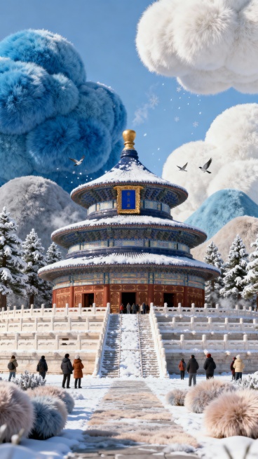 雪后晴空下的祈年殿静静矗立，三层檐宇覆着新雪，鎏金宝顶在冬日阳光下流转着温润光泽。汉白玉台基被雪衬得愈发洁净，栏杆下的雪痕勾勒出坛庙庄严的轮廓。
远处圜丘坛的积雪映着天色，丹陛桥像一条素练连接天地。偶预览效果