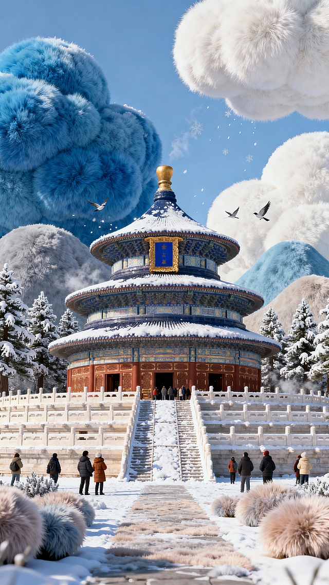 #当世界被毛绒包裹 梦幻3D风格的中式古典建筑，融合毛发生长风与膨胀云朵，营造出神圣唯美的虚拟自然场景。