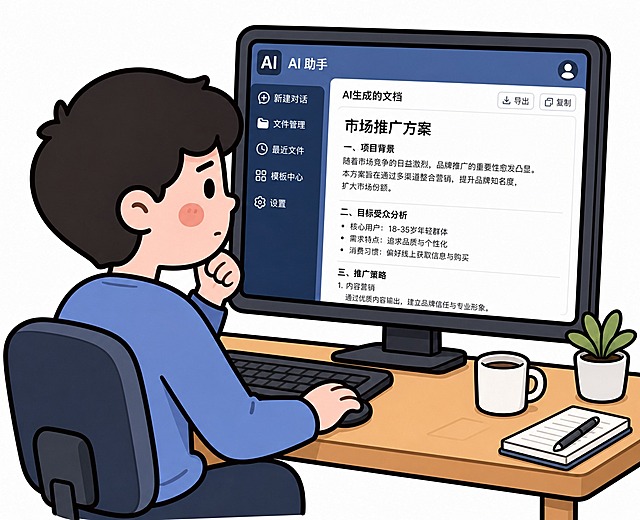 参考图中的卡通扁平插画风格，粗黑描边，圆润可爱的人物造型，柔和的配色。画面内容：一个人坐在电脑桌前，认真专注地审核AI软件生成的文件，电脑屏幕上显示着AI生成的文档内容，人物表情认真仔细，手放在键盘或鼠标上，办公桌面场景，白色背景，卡通插画风格，与参考图画风一致