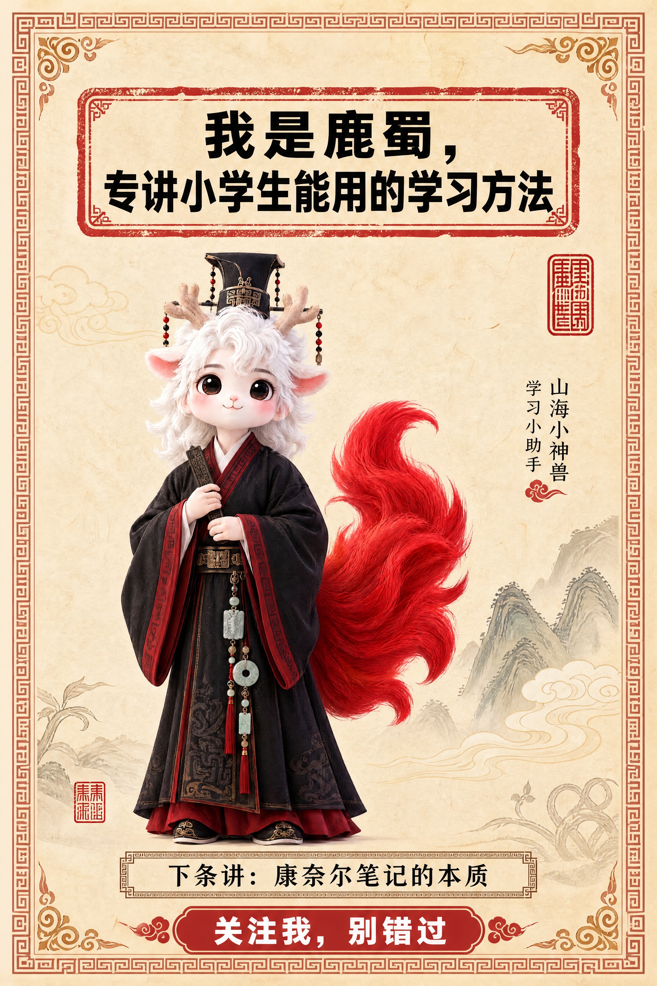 小红书笔记结尾页，统一模板，国风山海经风格，米黄色宣纸纹理背景… - 图片创意预览