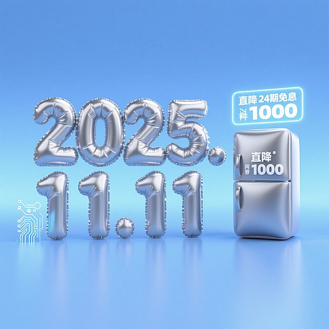 银色充气字体呈现 “2025.11.11”，搭配同色系冰箱，凸显双 11 家电直降优惠