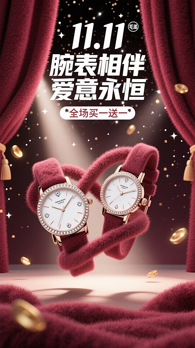 海报采用深邃的勃艮第酒红色背景，犹如天鹅绒幕布。画面中央，一道光束打下，聚焦于一对优雅交叉的男女款奢华腕表。表盘上的钻石与金属细节在光线下熠熠生辉，仿佛悬浮于璀璨星河之中。背景中若隐若现的金色光斑，如同繁星点点。
白色的“11.11”logo，巨大的主标题“腕表相伴 爱意永恒”，悬浮于手表上方，与副标题“全场买一送一”形成大小和字重的对比，整体感觉高端、浪漫且充满仪式感。
