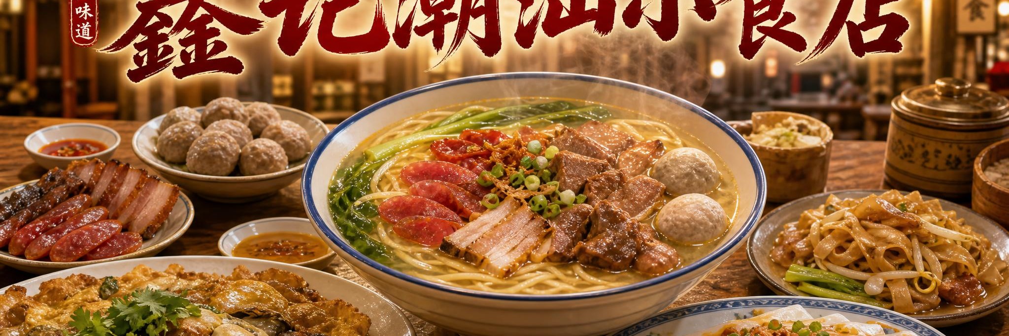 潮汕小食店海报设计，店名"鑫记潮汕小食店"，写实写真风格，偏向… - 图片创意预览