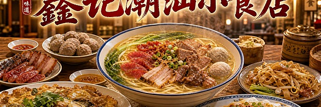 潮汕小食店海报设计，店名"鑫记潮汕小食店"，写实写真风格，偏向腊味汤粉店铺。横版长幅构图，画面中央是一桌丰盛的潮汕美食，主菜是一大碗腊味汤粉，配有腊肠、腊肉、叉烧、牛腩、鱼丸等，汤头浓郁金黄，热气腾腾。周围搭配潮汕特色小吃：蚝烙、肠粉、牛肉丸、粿条等。背景是传统潮汕骑楼街景的虚化效果，暖色调灯光营造温馨的用餐氛围。店名"鑫记潮汕小食店"以传统书法大字呈现，位置醒目。整体画面充满烟火气和食欲感，写真级质感，细节丰富，色泽诱人。不要出现优惠字眼、地址和电话号码