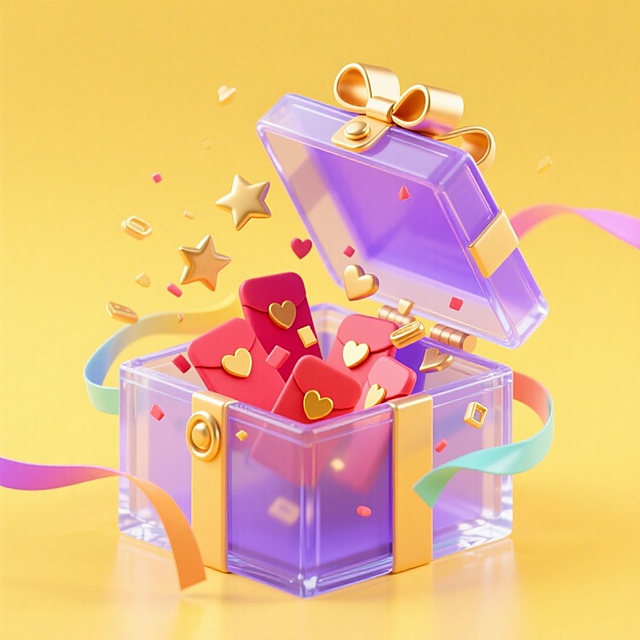 一个打开的紫色礼盒（带金色蝴蝶结与装饰扣），礼盒内及周围飞溅出大量红包、金色星星和爱心，盒子四周围绕彩色飘带，黄色背景