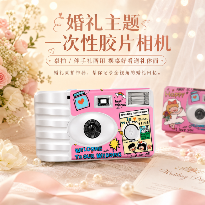 为婚礼款一次性胶片相机更换婚礼主题的非纯色背景，重点突出相机，添加文字「婚礼主题一次性胶片相机」「桌拍 / 伴手礼两用 摆桌好看送礼体面」「婚礼桌拍神器，帮你记录全视角的婚礼回忆」，文字不遮盖相机，保预览效果