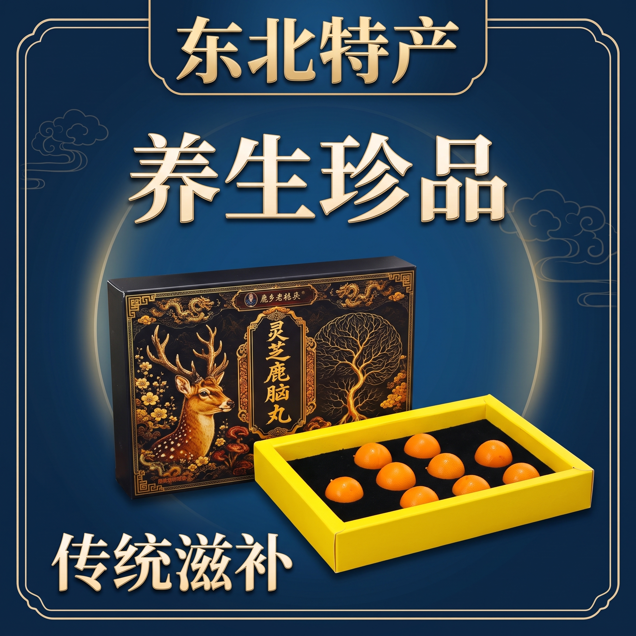 以参考图中的灵芝鹿脑丸商品为主体，保留原商品的黑色礼盒包装（鹿… - 图片创意预览