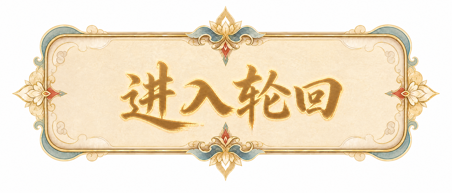保持现有古风按钮框和“进入轮回”文字内容不变，调整尺寸为450*200像素，保持透明背景，风格不变预览效果