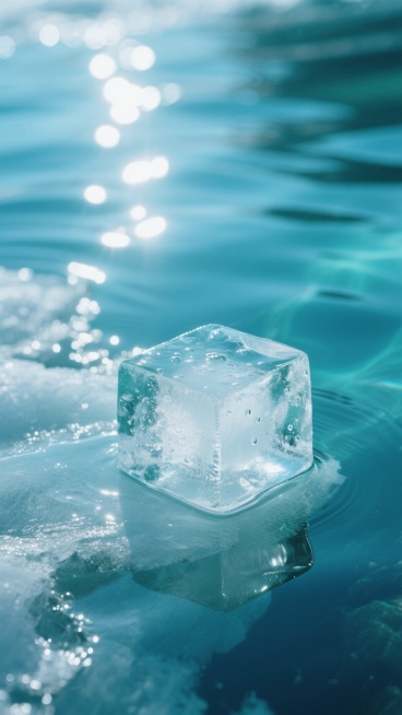 一张呈现液态水改变形态成为冰的特写图像，保持原图中明亮通透的蓝绿色调，从深蓝色向浅蓝色渐变的色彩层次，水面上闪烁的银色高光和波光粼粼的质感，光影效果如同阳光照射下的水面，整体风格呈现出高清摄影的写实质感，画面中冰的形态清晰可见，边缘呈现出晶莹剔透的透明感，冰块内部有细微的气泡和纹理，冰与水的交界处有自然的融化痕迹，营造出一种宁静而纯净的氛围，构图采用类似原图的满版布局，让冰的形态成为画面的核心……预览效果