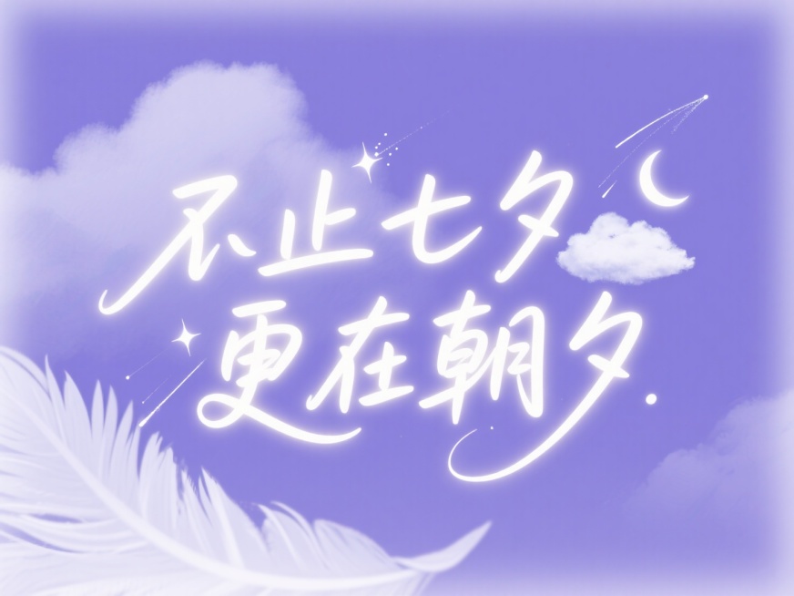 文字“不止七夕 更在朝夕”，在笔画间隙或末端加入星点、流星线、月牙、云朵，添加轻微的连笔，艺术感手写体。淡淡的梦幻紫色背景，背景中大片云朵晕染，云朵中藏着淡淡的白色羽毛，字是暖白色，带发光预览效果