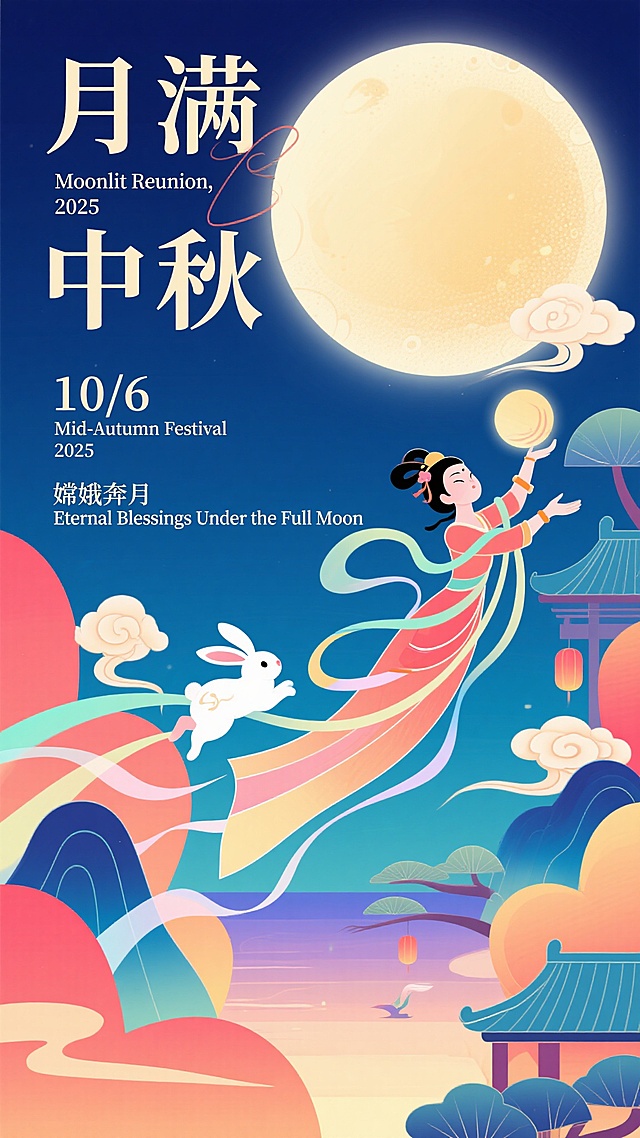中秋节系列海报，平面插画，海报设计，高级，排版艺术，肌理磨砂，噪点，弥散渐变，扁平插画，晕染，高饱和渐变背景，新中式扁平商业插画，宋代美学意境，超现实动态感，透明流体模拟光影，国风美学配色，冷色调为主搭配局部暖色点缀，富有层次感，元素重构，画面上方有“月满中秋”四个大字，左侧文字“Moonlit Reunion, 2025”，中间偏下位置有日期“10/6”和“Mid-Autumn Festival 2025”，下方有“嫦娥奔月”和“Eternal Blessings Under the Full Moon”，画面中融入嫦娥、玉兔、祥云、圆月元素，构图平衡，细节丰富