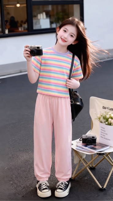 用图1的短袖和裤子替换图的2的人物穿搭衣服裤子，保留原场景光影，保持图2的人物的五官和发型不变，图片宽高尺寸不变，背景不变，鞋子不变，人物姿势不变，保持图1的短袖和裤子的款式材质不变和颜色不变预览效果