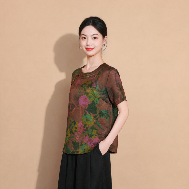 [主图-2棕绿色] 中式圆领斜襟香云纱上衣棕绿色45度侧面展示，模特中景穿搭展示。
[氛围风格] 高级感，松弛感，自然，简约新中式风；
[画质] 商业摄影质感、光线柔和通透、产品清晰真实、画面干净高级预览效果