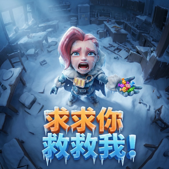 杰作，最高画质，3D渲染，手机游戏广告风格，C4D风格。 超高高角度俯视镜头，上帝视角，鱼眼镜头效果。俯视角色居高临下， 角色完全使用参考图1的角色和服饰特征，不拿武器仰着头，角色脸上盖着霜身上厚厚的预览效果