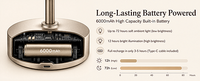 Long-Lasting Battery Powered展示页面，整体布局左侧产品展示右侧文字说明，尺寸1464*600，浅暖米色背景风格。
左侧展示钛金色台灯底座剖切效果，内部呈现6000mAh大容量电池和电路板结构，参考电路板布局风格，保持产品整体外形为台灯底座，颜色为钛金色。
右侧完整保留文字信息：
标题：Long-Lasting Battery Powered
副标题：6000mAh High Capacity Built-in Battery
分点说明：
- Up to 72 hours soft ambient light (low brightness)
- 12 hours bright illumination (high brightness)
- Full recharge in only 3-5 hours (Type-C cable included)
底部添加续航对比条形图，标注12h (High) 和 72h (Low)。
整体配色：浅暖米色背景#F5F0E6，深棕色文字，钛金色元素，保持与之前页面风格一致，文字清晰，产品结构正确，所有文字为英文。