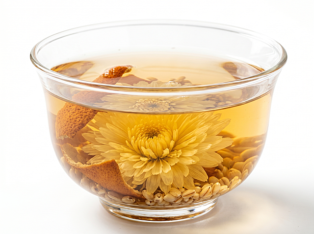 玻璃茶盏，棕黄色茶汤，菊麦茶（配料：菊花、陈皮、大麦）参考图片「图片1」，纯白色背景。整体颜色要偏明亮、轻快，光影柔和，国风雅致，干净通透，商业海报质感，高清8K，细节细腻