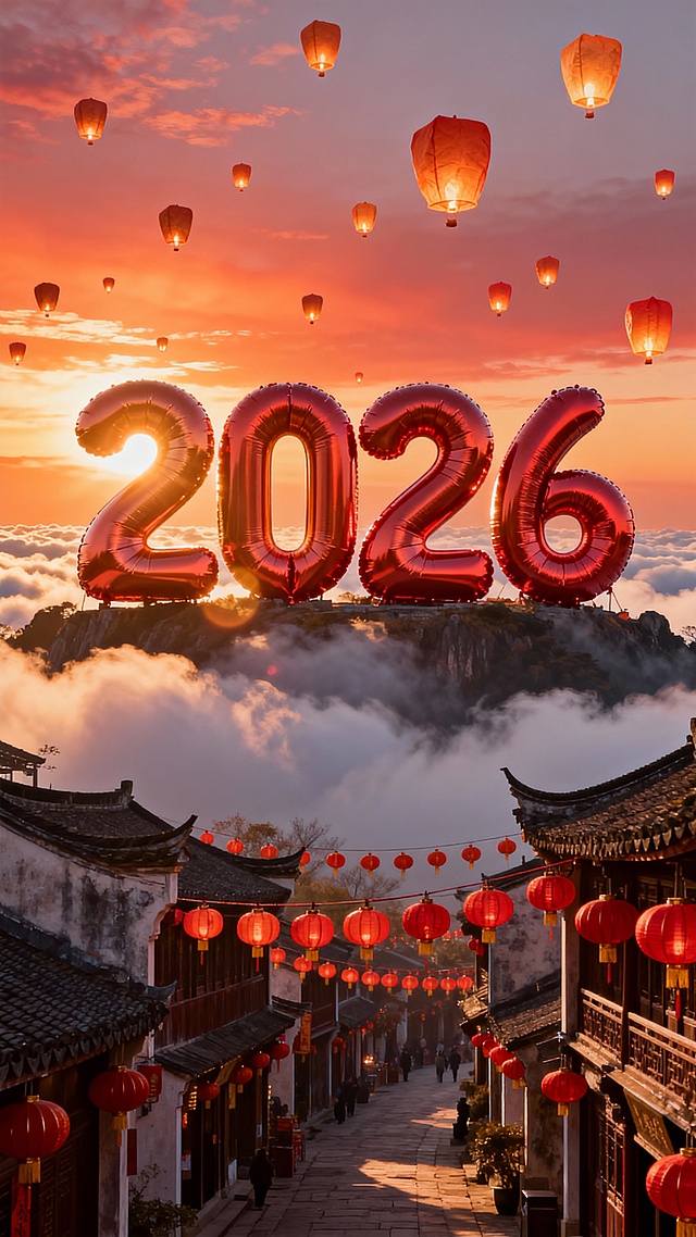 气球质感巨型 “2026” 立在云海之巅，顶沐鎏金晨光，下面是挂满红灯笼的古城街巷，上面孔明灯群缓缓飘过，光晕交织橘红朝霞色调