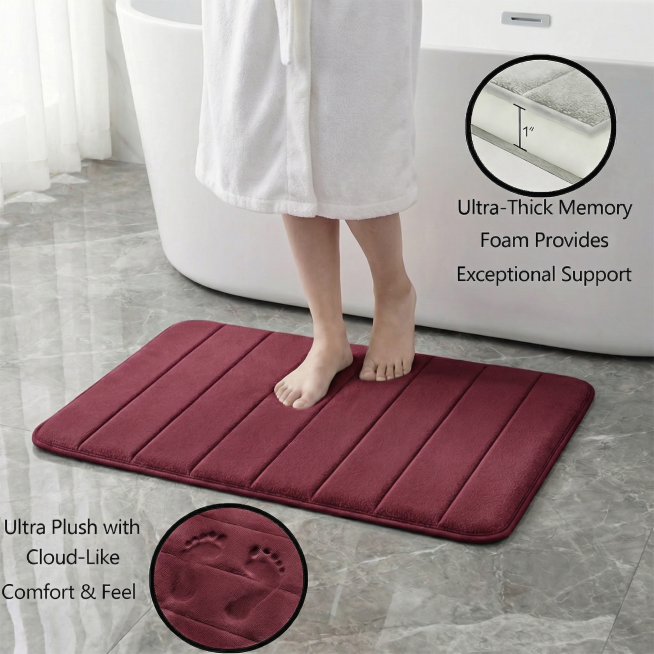 仅将图片中的浅灰色地垫替换为参考图的酒红色，严格保留地垫原本的面料纹理、条纹结构，保持人物、浴缸、地板、所有文字和整体构图完全不变预览效果