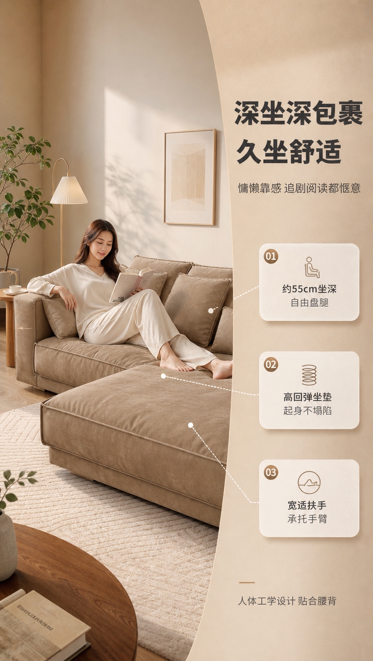 [商品] 使用【图1】卡其色L型布艺沙发；保留方正极简造型、饱… - 图片创意预览