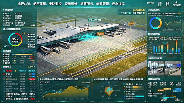 帮我生成以以下文字为标准的一张机场大屏•	界面比例：16:9 宽屏指挥中心大屏，无黑边、无拉伸
•	整体色调：春日青为底色，搭配金色作为数据区分色，对比度高，文字清晰锐利无模糊
•	风格：写实生活风数字孪生可视化，光影柔和不刺眼，适配机场运行指挥中心场景
•	额外要求：所有数据标签、图例、文字字号适中，无遮挡、无模糊，信息层级清晰
________________________________________
二、顶部导航与状态栏
1. 一级导航菜单（居中排列）
运行总览、航班保障、安防监控、设施运维、旅客服务、能源管理、应急指挥
2. 右上角状态栏
实时时间、日期、星期、天气、室外温度
________________________________________
三、中间核心区域（数字孪生主模型）
1.	1:1 高精度 3D 机场数字孪生模型，包含航站楼、跑道、停机坪、滑行道、廊桥等核心设施
2.	模型带科技线框光效，支持多视角切换：鸟瞰 / 俯视 / 地面视角 / 结构透视 / 剖面视图
3.	关键区域可点击高亮显示状态：机位、廊桥、行李系统、跑道占用情况，标注 “正常 / 占用 / 故障” 状态
________________________________________
四、左侧信息面板（从上到下）
1. 机场基础信息模块
•	机场名称、ICAO 代码 / 四字码
•	航站楼数量、跑道条数、机位总数（含廊桥 / 远机位）
•	设计旅客吞吐量、当前在港航班数、保障航班数
2. 运行健康指数模块
•	环形进度条显示综合运行健康指数（示例：95.2，状态标注 “优秀”）
•	细分指标列表：航班准点率、机位利用率、设施完好率、旅客满意度，均带数值与状态标注
3. 实时监测数据模块
•	核心指标：航班起降量、旅客流量、行李处理量、能源消耗、设备在线率
•	所有指标均附带 “正常 / 异常” 状态标识，数据清晰可读
4. 预警信息列表模块
•	按紧急程度排序，含以下字段：预警等级（红 / 橙 / 黄 / 蓝）、预警类型、预警内容、发生时间、处理状态（处理中 / 已解除）
________________________________________
五、右侧信息面板（从上到下）
1. 航班运行状态模块
•	航班准点率环形图
•	今日航班量趋势折线图（支持对比昨日数据）
•	进出港高峰时段热力图 / 柱状图
2. 旅客服务状态模块
•	旅客吞吐量趋势图
•	值机 / 安检 / 登机口排队时长热力图
•	旅客满意度得分（含分项指标）
3. 安防与环境监测模块
•	安防设备在线率、周界入侵报警数
•	环境数据：风速风向、温湿度、能见度、气压，均标注 “正常 / 异常”
4. 视频监控模块
•	嵌入机场关键区域（航站楼大厅、安检口、停机坪、跑道）的监控缩略图
•	顶部标注：AI 识别事件数、今日事件数、未处理事件数
________________________________________
六、底部信息面板
1. 航班运行趋势图
•	近 7 日 / 近 30 日航班起降量、准点率变化双轴曲线，清晰区分指标颜色
2. 机位 / 跑道利用率热力图
•	不同颜色标注机位 / 跑道的繁忙程度，支持筛选 “高峰时段 / 非高峰时段”
3. 设施运维状态模块
•	关键设备（廊桥、行李系统、电梯、空调、助航灯光）运行状态分布
•	标注故障设备位置、故障类型与处理进度