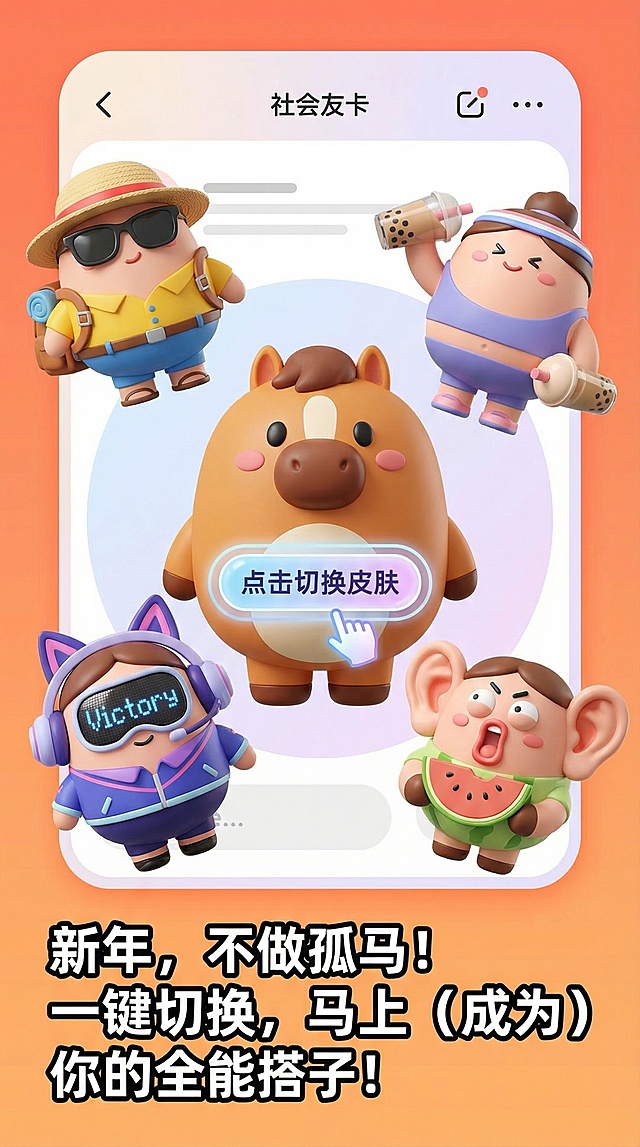 软3D风格的拟人化角色，萌趣十足，结合粘土质感与卡通设计，营造可爱趣味氛围。新年主题下，一键切换皮肤，化身全能搭子，充满节日互动感。