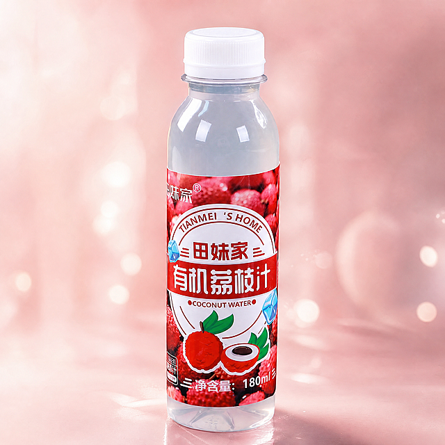 保持主体饮料瓶不变，更换背景风格为：产品拍摄，背景模糊，浅粉色背景，饱满有食欲，高级拍摄，产品摄影，大面积留白，大光圈，特写，创意摄影图，商业，超细节，32K，保持1:1比例和主体不变