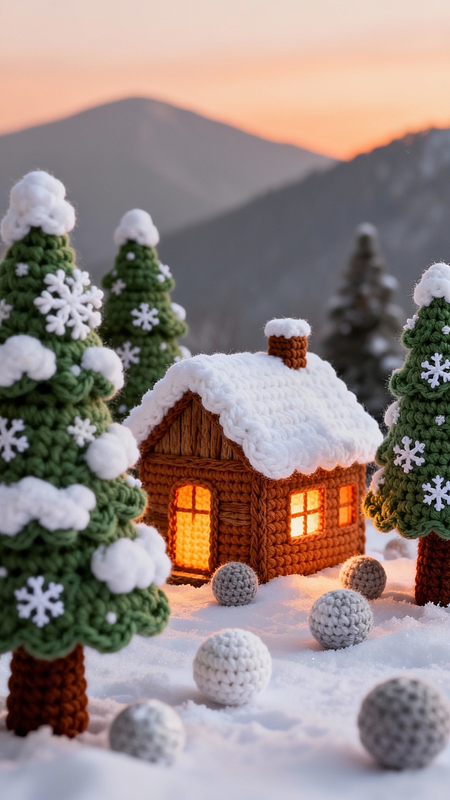 超精细手工钩针编织风格冬日场景，以暖色调为主，展现温馨的冬日小镇雪景，前景是覆盖着蓬松白色钩针雪花的绿色松树，树干为棕色，树冠点缀白色雪花细节，中景是被暖黄色灯光照亮的钩针编织小木屋，屋顶覆盖厚实的白色钩针积雪，木屋墙壁为暖棕色，窗户透出橙黄色光晕，周围散落着大小不一的钩针编织雪球，背景是柔和的暖灰色远山，天空呈现温暖的淡橙色渐变，整体光影柔和，突出钩针材质的细腻纹理和毛线的蓬松质感，营造出温暖祥和的冬日氛围，所有元素保持钩针编织特有的立体感和手工纹理，色彩以暖棕、橙黄、暖灰、淡绿为主，搭配白色积雪形成和谐的暖色调冬日景象。