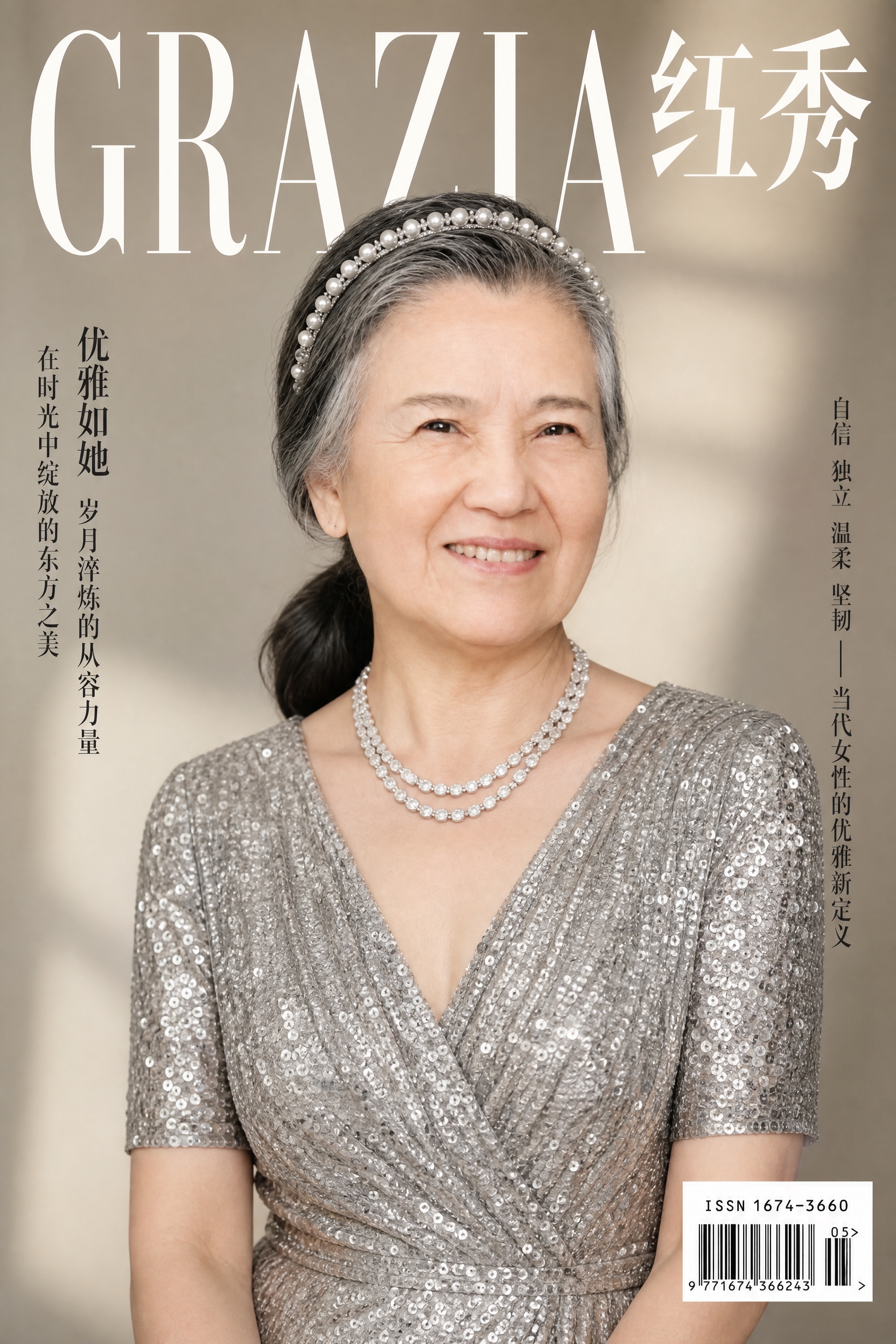 中国高端时尚杂志封面，50岁优雅东方女性，保留参考图的人脸特征… - 图片创意预览