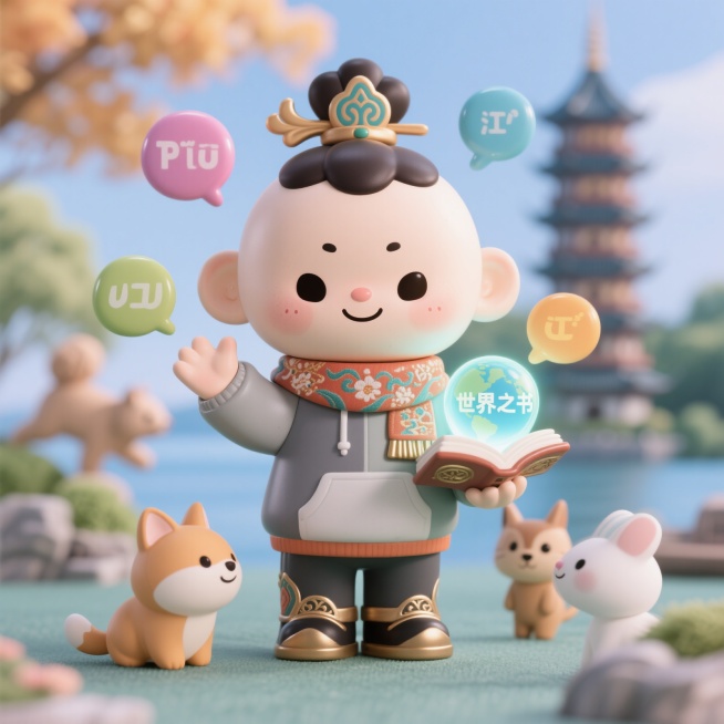 一个圆润可爱的卡通吉祥物形象，面带温暖笑容，亲和力强，包容性十足。它戴着融合江心屿塔抽象轮廓的发饰，围着瓯绣花纹简化版的围巾，身穿唐装元素拼接现代卫衣的混搭服饰，怀抱一个打开的、发光的“世界之书”。身预览效果
