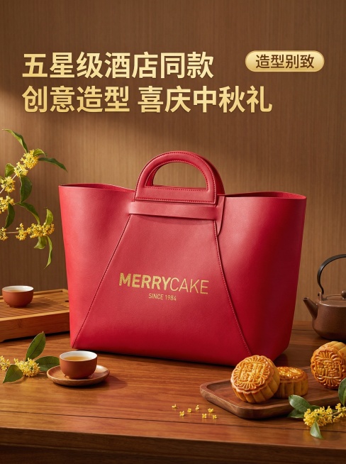 [主图 1 首图] 主图主题：喜庆红色月饼礼品袋首图
氛围风格：喜庆中秋佳节氛围，高端质感，1688源头工厂风格
画面元素：保持原红色月饼袋外观100%一致，产品居中放大，放置在中式木纹茶桌背景上，旁预览效果
