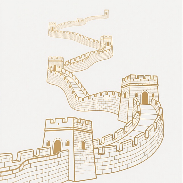 党建主题，白色背景，金色线描风格的万里长城图案，长城蜿蜒起伏，由多个城楼和城墙组成，线条流畅，笔触细腻，具有传统中国风的装饰感，整体构图简洁大气，视觉层次清晰，突出长城的雄伟气势，传达庄重、肃穆、向上的氛围。