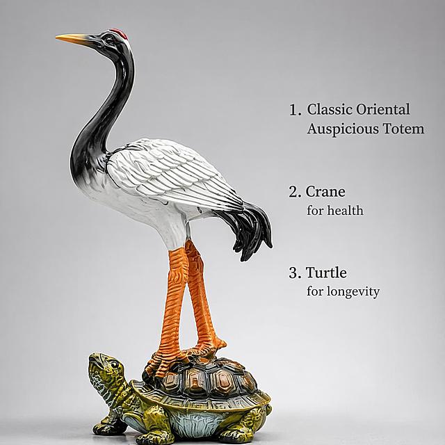 [主图 2] Close-up detail picture of Oriental longevity red-crowned crane and turtle sculpture ornament. Show the texture of the feather on the crane, scales on the turtle shell and carving details. Keep the product's appearance, physical structure, material texture, color completely consistent with the input image, no deformation or color difference. Light gray low-saturation gradient background, soft natural light, clear texture presentation. The core selling points are arranged with simple English text near the product: 1. Classic Oriental Auspicious Totem 2. Crane for health 3. Turtle for longevity. Text is clear, placed in negative space without blocking the product. 1:1 ratio, 2K ultra-high definition commercial photography texture. Negative prompt: deformation, messy text, blurred product, cluttered background, watermark, e-commerce platform Logo.