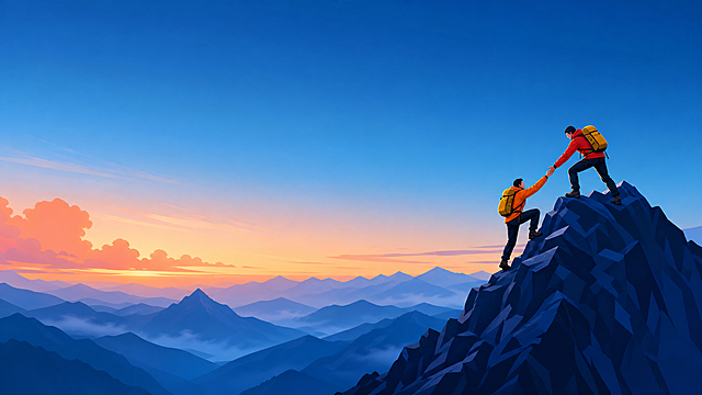 PPT背景图，16:9横版，扁平插画风格。画面右侧是两名登山者在山顶互相拉拽攀登，一人穿红色外套一人穿橙色外套，都背着黄色登山包，脚下是深蓝色岩石山峰。背景是渐变天空，上方为适中的蔚蓝色，左侧地平线处有橙粉色朝霞云彩，下方是层层叠叠的蓝色远山，山间有薄雾。整体色调有足够的深度和对比度，确保白色文字叠加在画面上能清晰可读。画面中没有任何文字、logo和水印，干净整洁，适合做PPT目录页背景。
