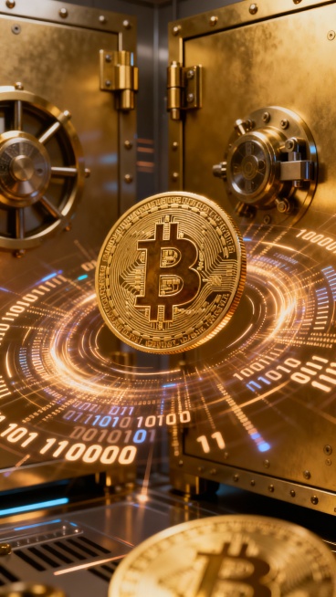 A 6:19 aspect ratio video featuring a radiant Bitcoin coin as the focal point, encircled by floating预览效果