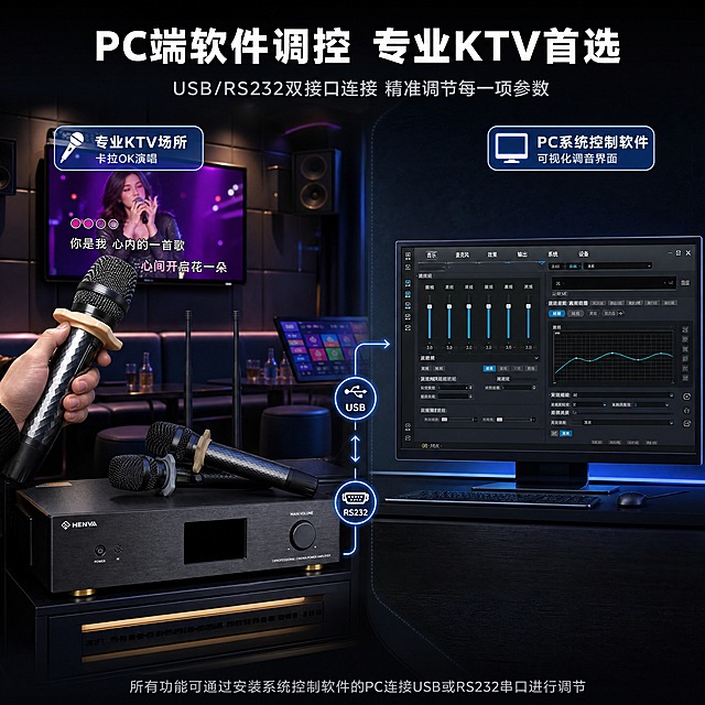 [商品] 使用【图1】HENVA HW-MA1.6S功放主机+麦克风套装；保留产品原貌，产品融入场景中，占画面约30%。
[画面] 目标：§9+§10智能联动与使用场景展示。画面左右分栏：左侧为专业KTV场景，暗色调包厢环境，功放主机置于设备柜中，前方有手持麦克风演唱的人物手部特写，背景有电视屏幕与灯光氛围，体现卡拉OK应用场景。右侧为PC软件调控界面示意，显示电脑屏幕上的系统控制软件界面，有USB/RS232连接标识，可调节各项参数的控制面板。中间有连接线与箭头表示PC与功放的连接关系。背景融合KTV场景暗调与科技界面光效。
[视觉] 套系策略：风格=深色科技专业商业摄影风；标题字=现代无衬线粗黑体；正文字=简洁无衬线中黑体；主色=深空黑+深灰；背景延展=基于深空黑做径向渐变、同色深浅层级、细腻金属磨砂质感；强调色=科技蓝，仅用于小面积图标、引线、光效线条和标签高亮；标题色=纯白；正文色=浅灰蓝；组件=圆角深色半透明信息卡、细线引线、发光数据标签；光影=左前侧冷硬光+右侧轮廓光，产品边缘有清晰高光，场景中有KTV氛围灯光。
[文字] 顶部大标题："PC端软件调控 专业KTV首选"，副标题："USB/RS232双接口连接 精准调节每一项参数"。左侧场景标注："专业KTV场所 卡拉OK演唱"，右侧标注："PC系统控制软件 可视化调音界面"。底部小字："所有功能可通过安装系统控制软件的PC连接USB或RS232串口进行调节"。文字全部横向排版。
[规格] 图片比例1:1方版，4K，负向提示：避免变形、错字、文字过小、产品颜色改变、结构失真、白底孤立、京东Logo/水印、绝对化用语、二维码、低俗内容。