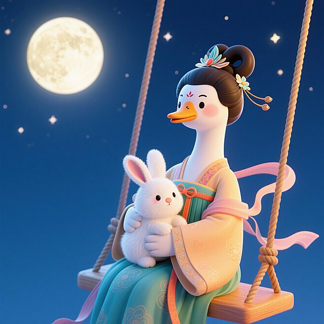 鹅形象拟人化（嫦娥打扮），抱着一只白色的兔子，坐在夜空的秋千上。干净的中秋夜空背景