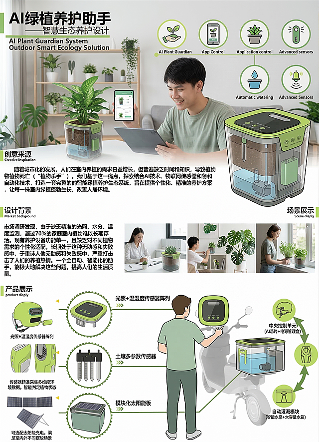 仿照参考海报排版设计，AI绿植养护助手产品海报，包含大字体标题、AI绿植养护助手介绍：监测土壤湿度、光照、温度，自动浇水提醒，适配不同植物需求，包含作品名称、创意来源、创意描述、产品展示、独创设计说明模块，所有文字清晰字迹较大，信息展板排版，现代简约科技风格，绿色清新配色