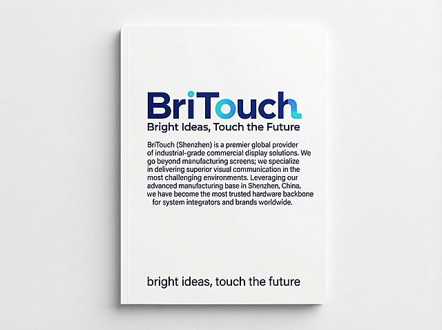 Create a clean professional company profile cover page for BriTouch product catalogue, **embed the provided BriTouch logo image prominently at the top center of the page**, add company introduction text below the logo: 'BriTouch (Shenzhen) is a premier global provider of industrial-grade commercial display solutions. We go beyond manufacturing screens; we specialize in delivering superior visual communication in the most challenging environments. Leveraging our advanced manufacturing base in Shenzhen, China, we have become the most trusted hardware backbone for system integrators and brands worldwide.', add slogan at bottom: 'bright ideas, touch the future'. Keep the modern minimalist business style consistent with previous catalogue pages, clean, professional and high-end layout.