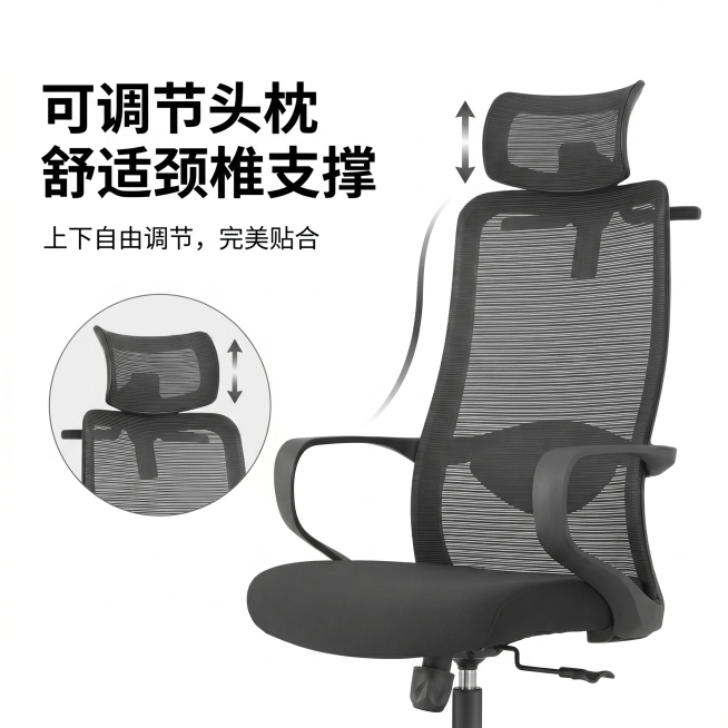 电商功能介绍图，展示这款黑色办公椅可调节头枕功能，白底背景，干净简约商务风格，突出头枕可上下调节支撑颈椎预览效果