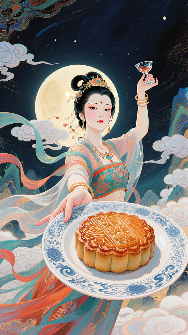 嫦娥上半身近景特写，右手拿着巨大的盘子伸向前面，里面有月饼，左手举着酒杯，人物看向前方，强烈的仰视透视感，广角镜头，背景是深色夜空背景