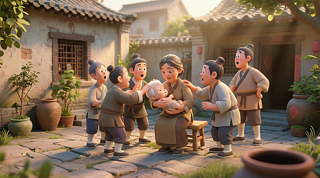 妇人温柔抱婴动作，手臂摆动自然，邻居围拢呈弧形，伸手轻触婴儿白发动作轻柔，面露夸张惊叹，妇人眼神慈柔，画面色调柔和，充满动画生活气息，妇人识别参考图1，邻居识别参考图2，婴儿识别参考图3