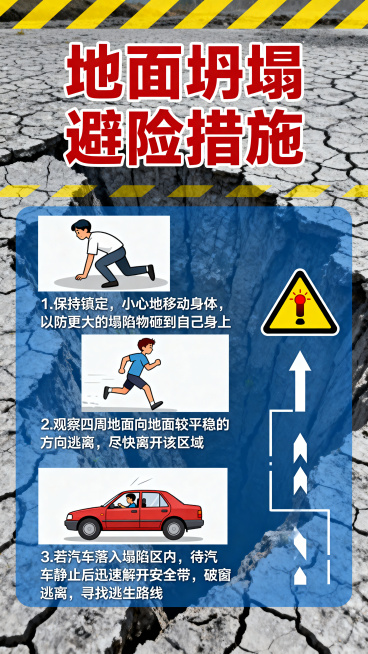地质灾害预防宣传海报，标题为"地面坍塌避险措施"，包含三条避险内容：1.保持镇定，小心地移动身体，以防更大的塌陷物砸到自己身上 2.观察四周地面向地面较平稳的方向逃离，尽快离开该区域 3.若汽车落入塌预览效果
