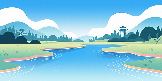 扁平风设计，清新自然景观，虚拟山水与亭台相映，营造宁静和谐氛围。