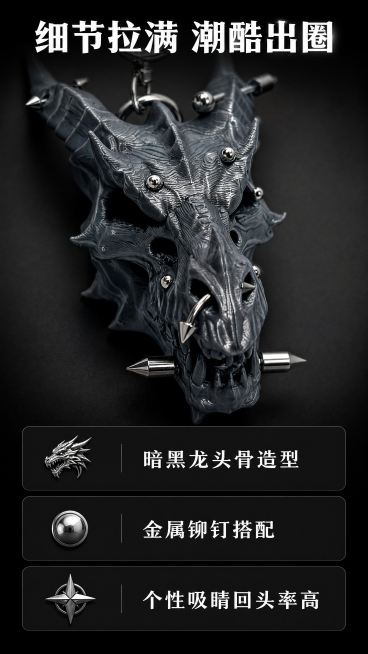 [第2屏] 龙头骨挂件核心卖点与细节展示页。产品为深灰色龙头骨造型搭配金属铆钉，保持原产品结构、颜色和材质不变。
[氛围/风格] 精致细节展示风，暗黑高级感，清晰微距特写质感，商业摄影。
[元素布局]预览效果