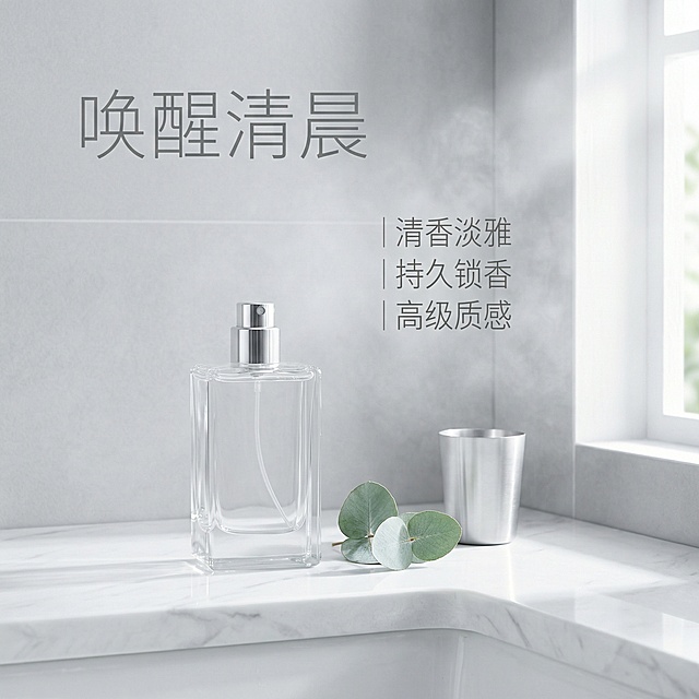 [主图 3] 浴室场景香水展示，透明香水瓶放置在洗手台白色大理石台面上，旁边摆放一片尤加利叶和一个极简银色漱口杯，背景是浅灰色哑光瓷砖墙面，弥漫着轻薄水雾，自然光从侧面窗户透入形成柔和光斑，营造出清新放松的生活氛围感。主标题“唤醒清晨”悬浮于画面左上角，浅灰色细体字，右侧悬浮三个竖排亮点“清香淡雅 | 持久锁香 | 高级质感”，文字沿左侧对齐不遮挡香水瓶主体，光影自然通透，背景全屏无边框。