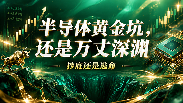 16:9横版股市财经海报，高级翡翠绿色渐变背景，带有金色的股票数据和钻石光效，中央醒目白色大字标题"半导体黄金坑，还是万丈深渊"，下方金色小字"抄底还是逃命"，整体风格奢华高端，翡翠绿配金，高级质感